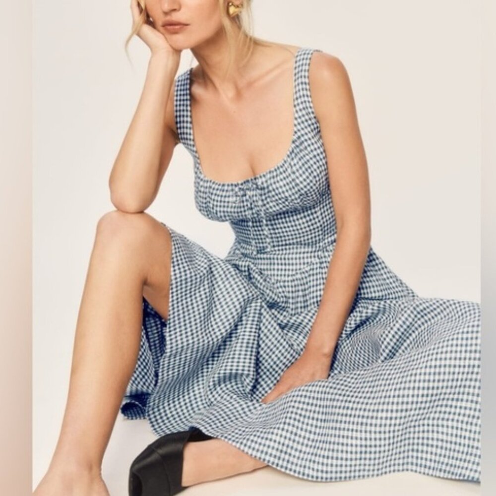 NEW Reformation Balia Midi Linen Dress in  Slate Check Plaid Navy White | size 4 - Picture 5 of 16